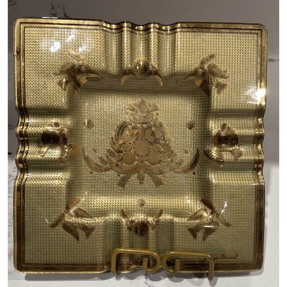 Vintage Georges Briard Molded Glass Ashtray Sonata Birds Gold MCM 7.5" Square